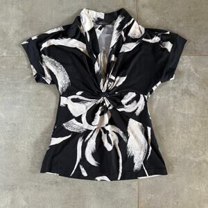 BCBGMAXAZRIA XS Black & Off-White Abstract Print Smooth Knit Top